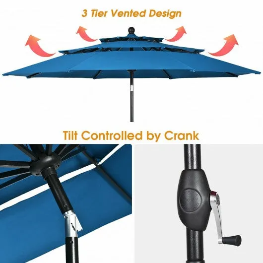 10' 3 Tier Patio Umbrella Aluminum Sunshade Shelter Double Vented-Blue