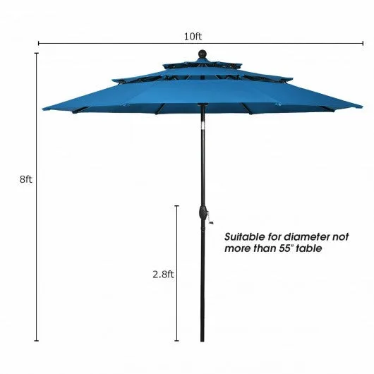 10' 3 Tier Patio Umbrella Aluminum Sunshade Shelter Double Vented-Blue