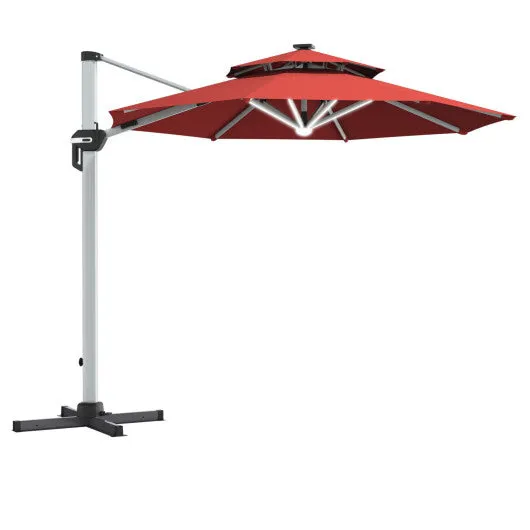 10 Feet 360° Rotation Aluminum Solar LED Patio Cantilever Umbrella without Weight Base-Dark Red