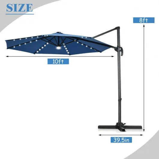 10 Ft Patio Offset Cantilever Umbrella with Solar Lights-Blue