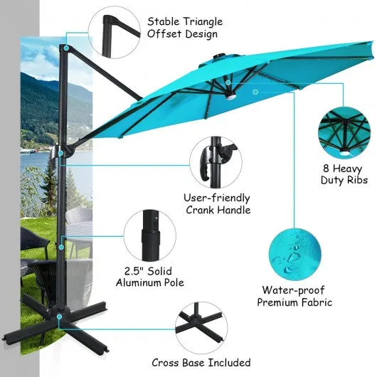 10 Ft Patio Offset Cantilever Umbrella with Solar Lights-Turquoise