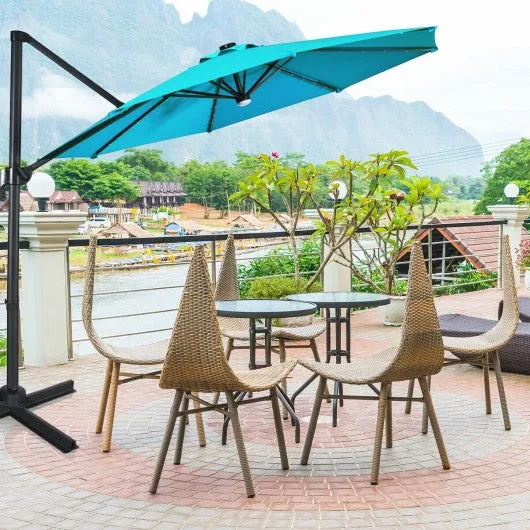 10 Ft Patio Offset Cantilever Umbrella with Solar Lights-Turquoise