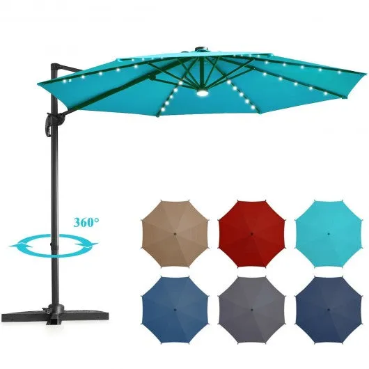 10 Ft Patio Offset Cantilever Umbrella with Solar Lights-Turquoise