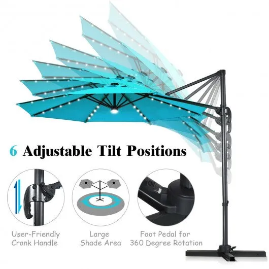 10 Ft Patio Offset Cantilever Umbrella with Solar Lights-Turquoise