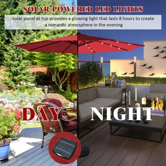 10' Solar LED Lighted Patio Market Umbrella Shade Tilt Adjustment Crank-Burgundy