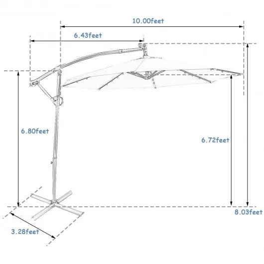 10FT 360° Rotation Solar Powered LED Patio Offset Umbrella-Blue