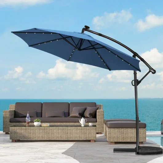 10FT 360° Rotation Solar Powered LED Patio Offset Umbrella-Blue