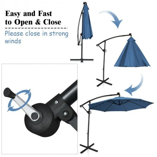 10FT 360° Rotation Solar Powered LED Patio Offset Umbrella-Blue