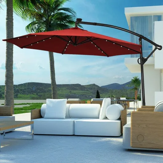 10FT 360° Rotation Solar Powered LED Patio Offset Umbrella-Burgundy