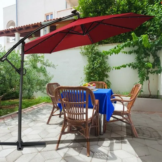 10FT 360° Rotation Solar Powered LED Patio Offset Umbrella-Burgundy