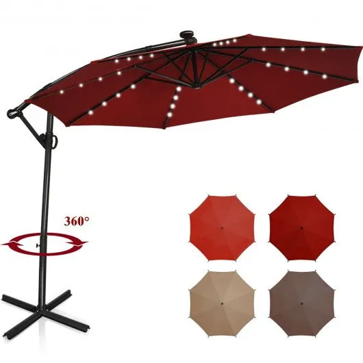 10FT 360° Rotation Solar Powered LED Patio Offset Umbrella-Burgundy