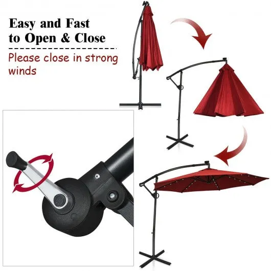 10FT 360° Rotation Solar Powered LED Patio Offset Umbrella-Burgundy