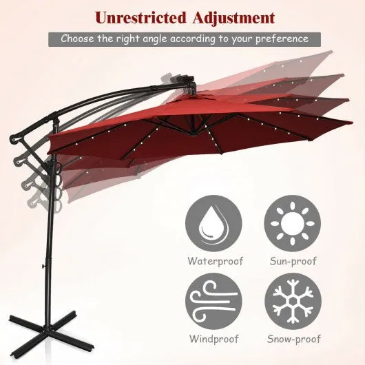 10FT 360° Rotation Solar Powered LED Patio Offset Umbrella-Burgundy