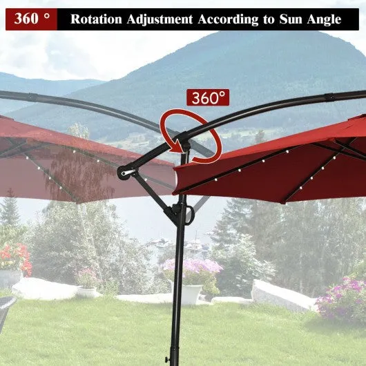 10FT 360° Rotation Solar Powered LED Patio Offset Umbrella-Burgundy