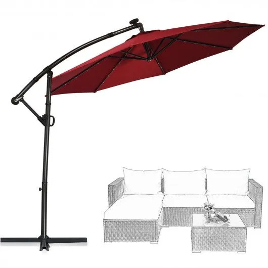 10FT 360° Rotation Solar Powered LED Patio Offset Umbrella-Burgundy