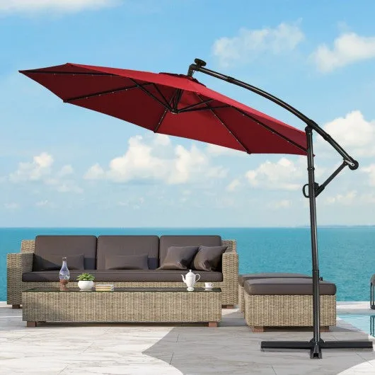 10FT 360° Rotation Solar Powered LED Patio Offset Umbrella-Burgundy