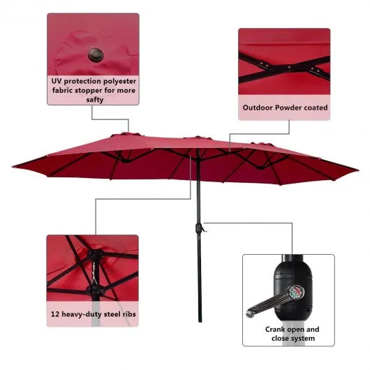 15' Twin Patio Umbrella Double-Sided Outdoor Market Umbrella without Base -Wine