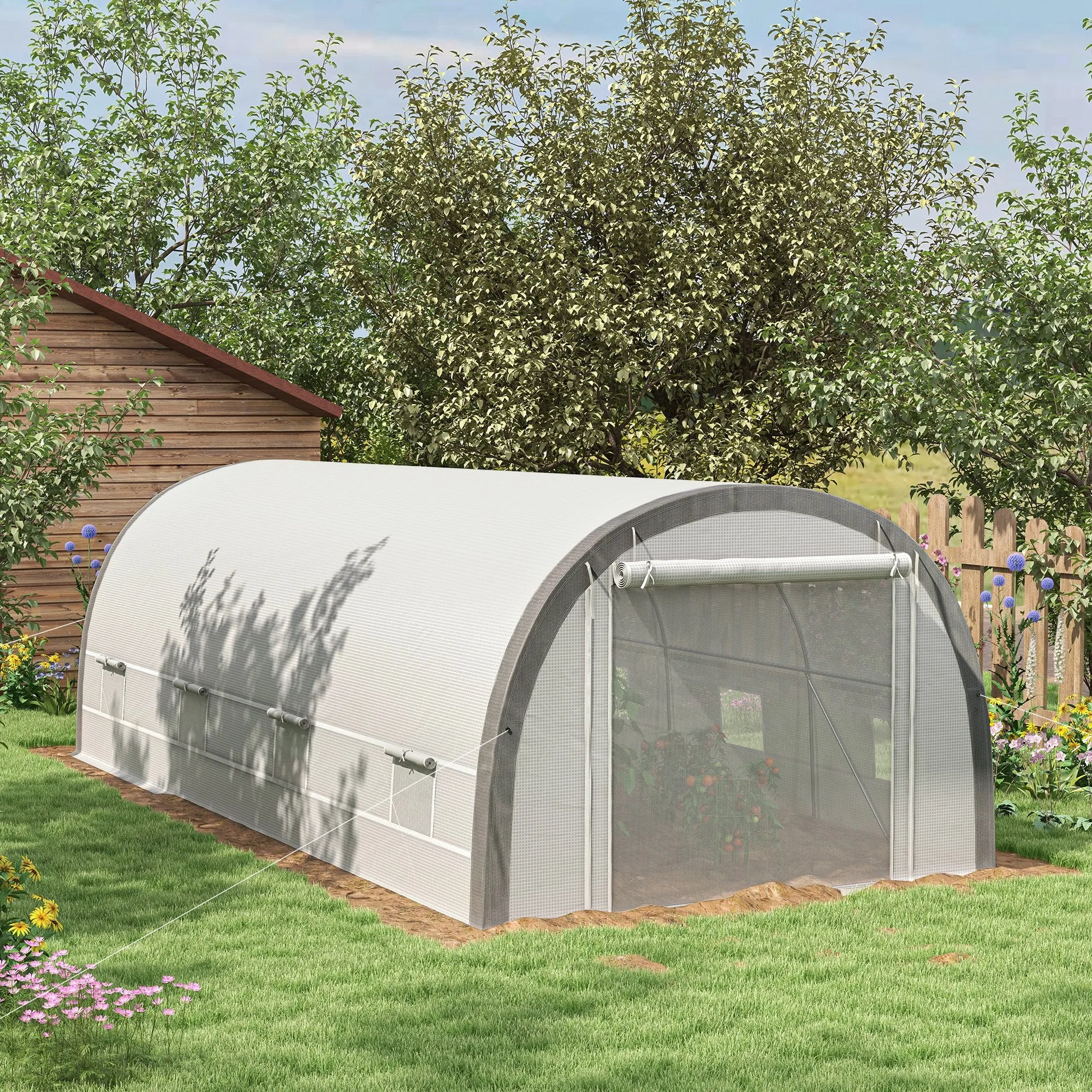 6 x 3(m) Polytunnel Greenhouse with Upgraded Structure, Mesh Door and Windows, 15 Plant Labels, White