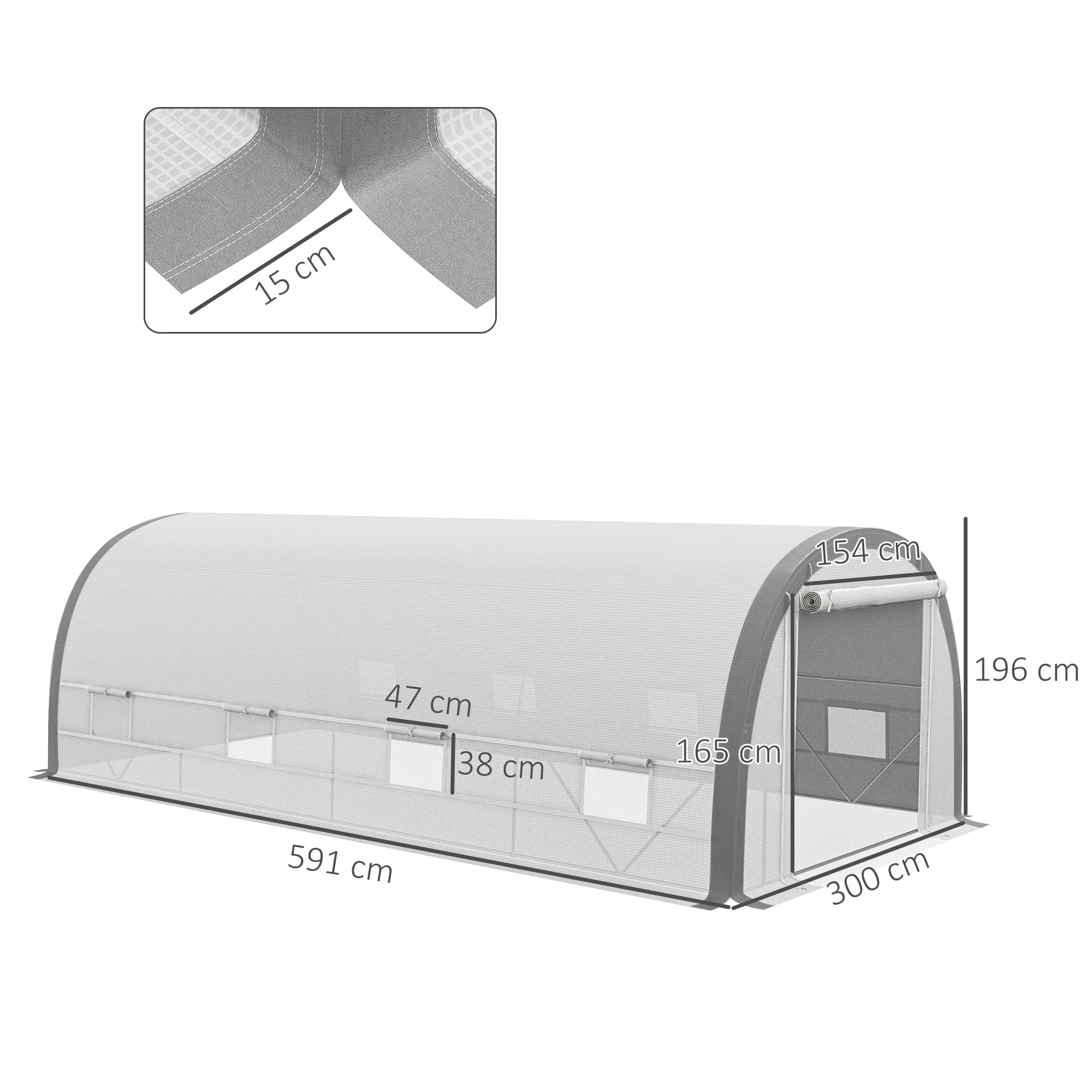 6 x 3(m) Polytunnel Greenhouse with Upgraded Structure, Mesh Door and Windows, 15 Plant Labels, White