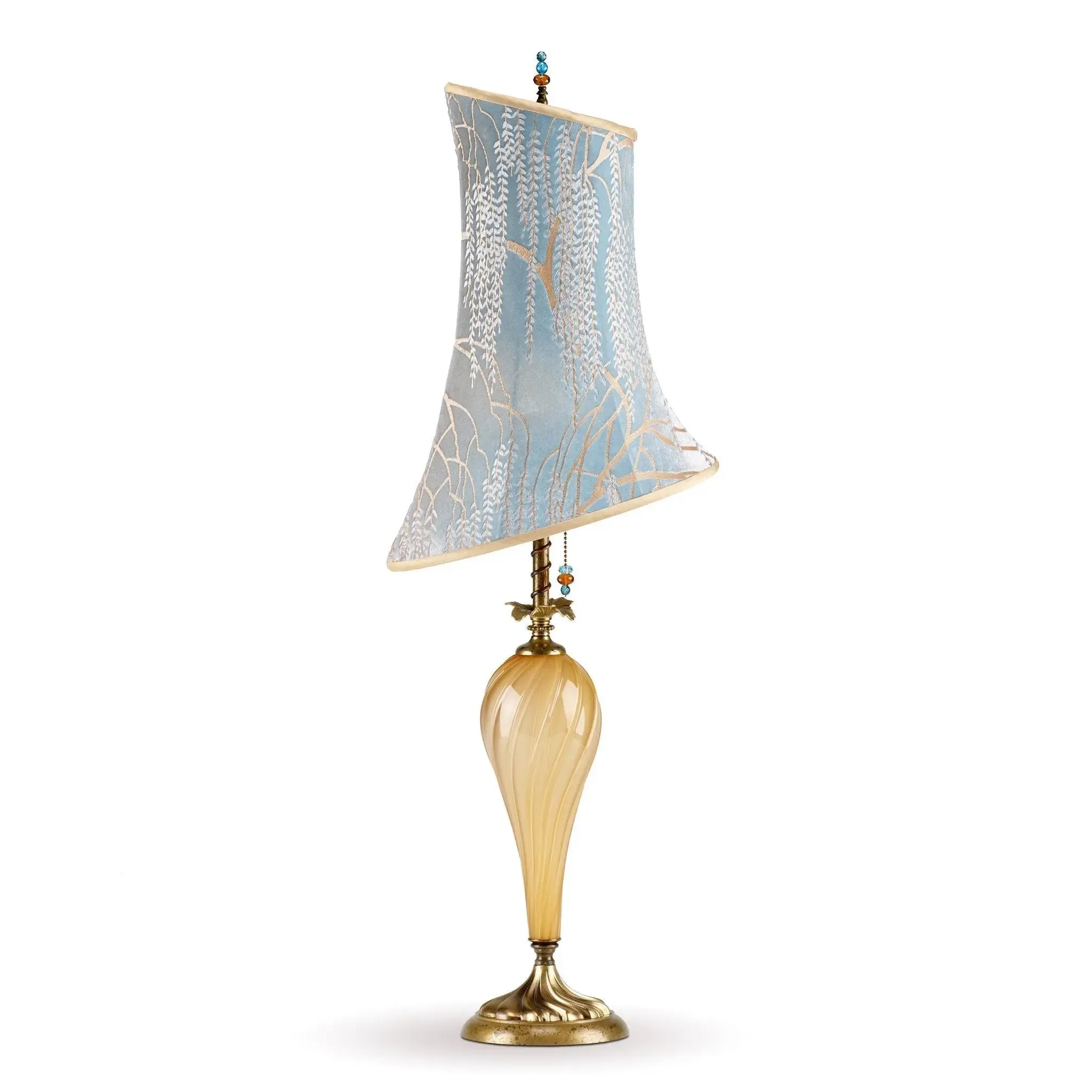 Anika Table Lamp 151H130 by Kinzig Design, Gold Opaque Blown Glass, Robin's Egg Blue And Taupe Silk Shade