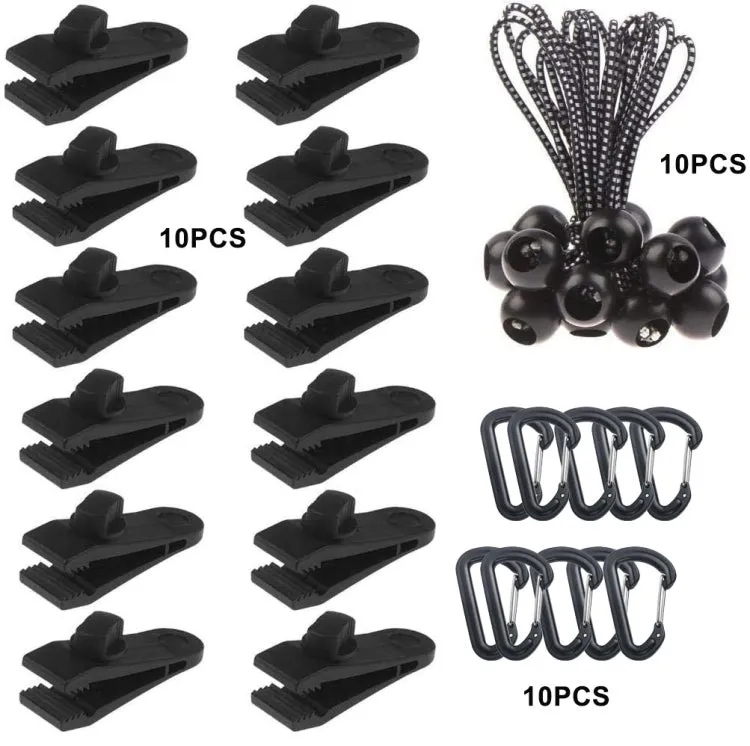 Canopy Fixed Tent Clip Rope Buckle Set 10 Clips 10 White Dot Ropes 10 Black PP Fast Hangings