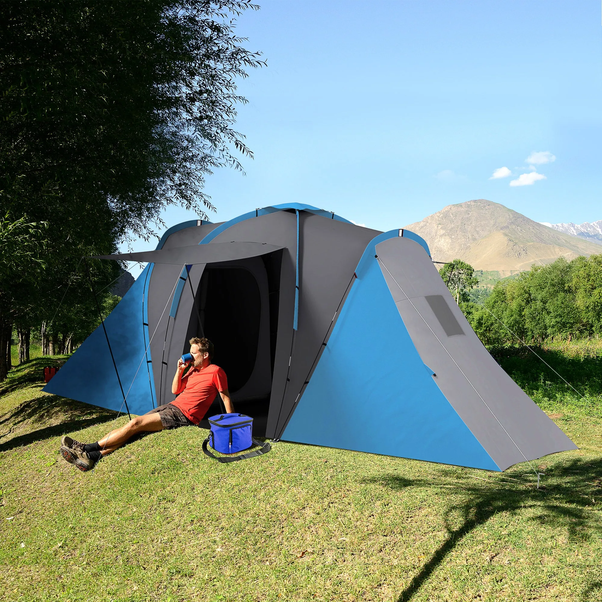 Large Camping Tent Tunnel Tent with 2 Bedroom and Living Area, 2000mm Waterproof, Portable with Bag for 4-6 Man, Blue