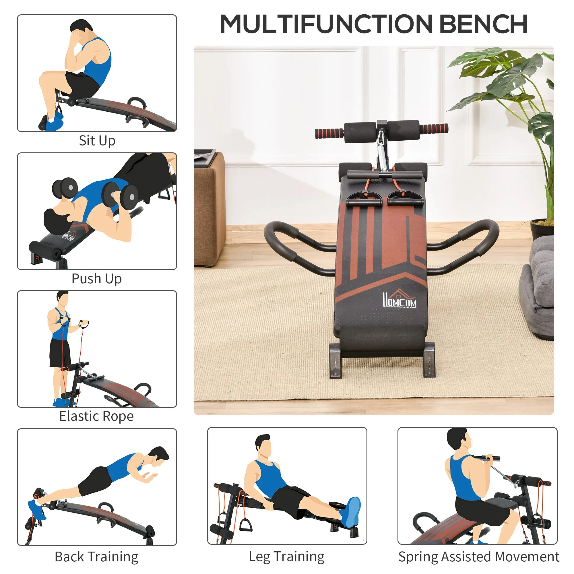 Multifunctional Sit Up Bench Adjustable Utility Board Ab Exercise Workout Fitness with Headrest for Home, Office and Gym, Black