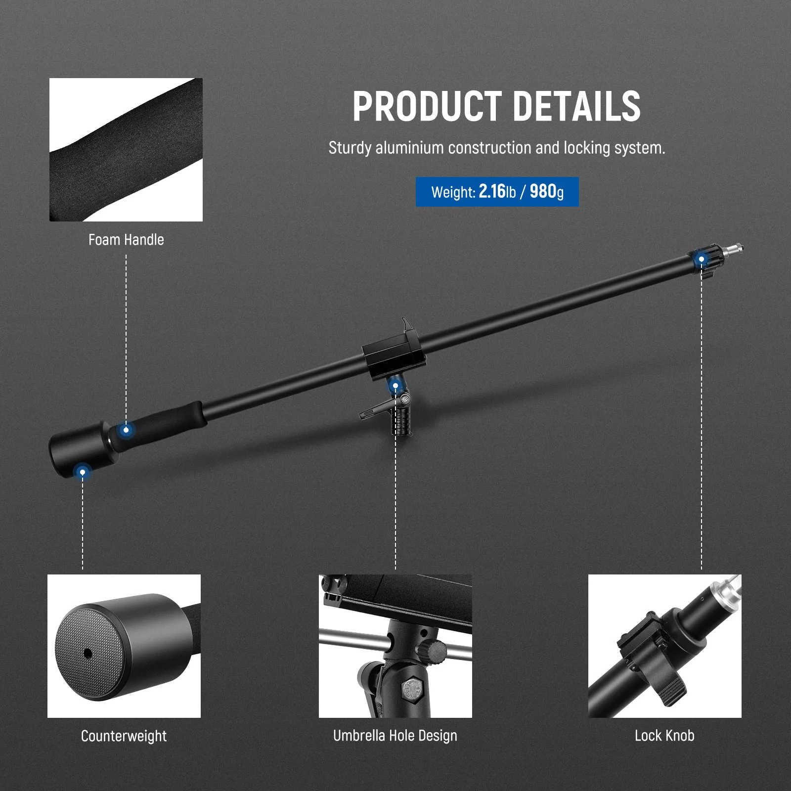 NEEWER 90-160cm Tripod Boom Arm with Sandbag