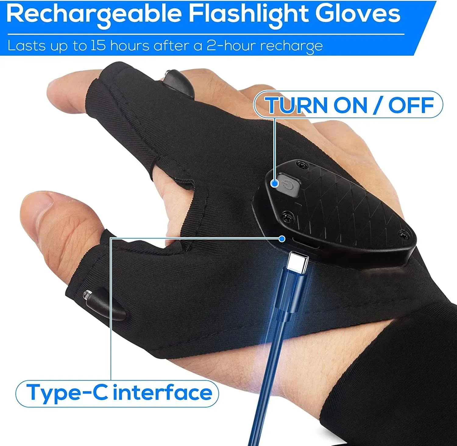 Rechargeable LED Flashlight Gloves - Waterproof Lights Car Guy Cool Gadgets Tools for Fishing Camping Repairing